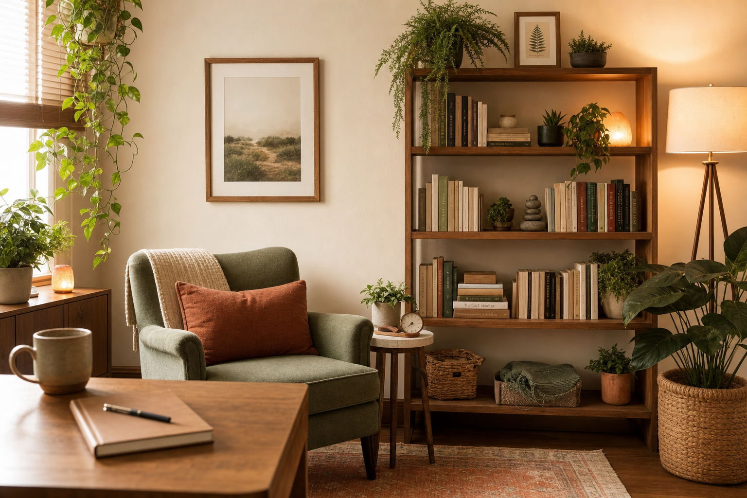 A warm, inviting therapy space with natural light and plants