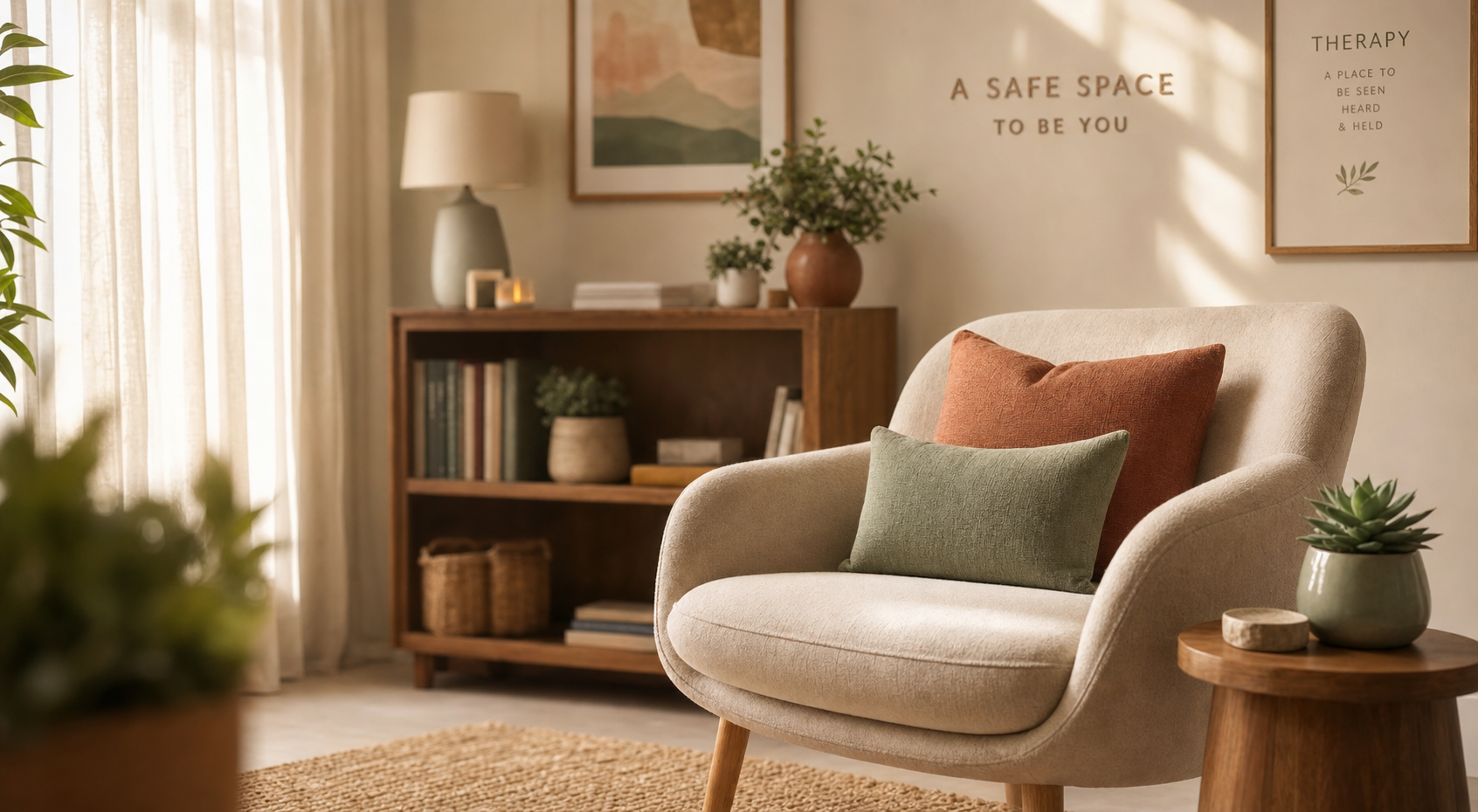 A warm, sunlit therapy room with a cozy chair and natural elements